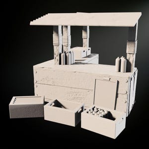 May include: A rustic wooden market stall with a sloped roof, featuring multiple crates and bottles. The stall has a weathered appearance, with visible wood grain and metal accents. Crates are filled with produce, and bottles are arranged on the counter.