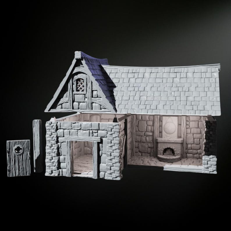 May include: A gray stone miniature building with a blue roof, a door, and a window. The building is open on one side to reveal a fireplace and a small interior.