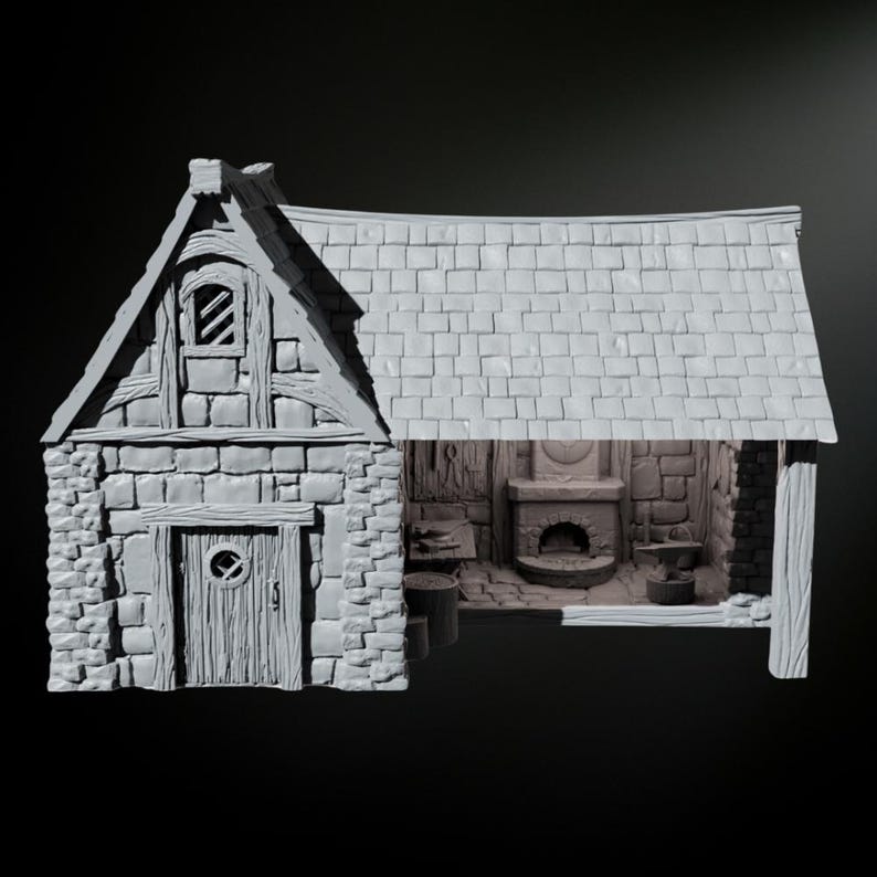 May include: A gray, stone-built miniature building with a thatched roof and a partially open interior revealing a fireplace and a forge. The building has a small window and a door with a round window.