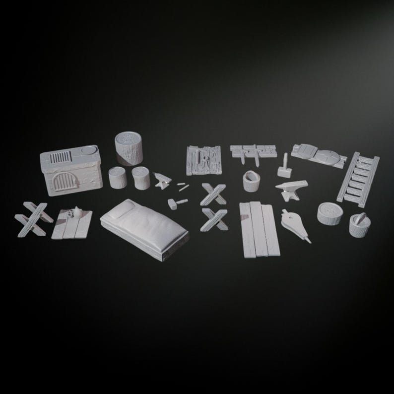 May include: A set of 18 miniature white plastic pieces for a tabletop game or miniature scene. The set includes a small building, a bed, a ladder, a forge, a bucket, a hammer, and various wooden planks and beams.