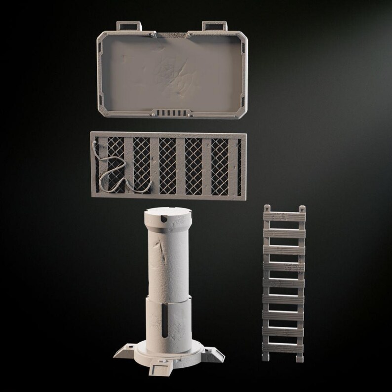 May include: A gray, metal, industrial-style platform with a ladder, a grate, and a rectangular panel. The platform is made of metal and has a rough, textured surface.