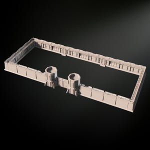 May include: A light beige miniature castle wall with two octagonal towers and rectangular crenellations. The wall is designed for tabletop gaming or model building, with a detailed, textured surface. The overall design is a rectangular shape.
