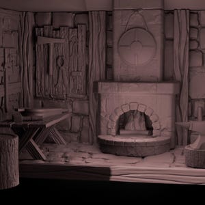May include: A miniature model of a stone fireplace with a fire burning inside. The fireplace is set against a backdrop of a stone wall with a wooden door and a shield hanging above it.