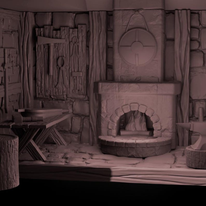 May include: A miniature model of a stone fireplace with a fire burning inside. The fireplace is set against a backdrop of a stone wall with a wooden door and a shield hanging above it.