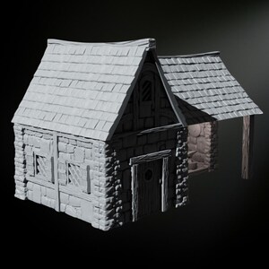 May include: A gray stone building with a gabled roof and a small porch. The building has two windows and a door. The building is made of stone blocks and has a wooden frame.