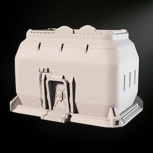 May include: A light beige, rectangular structure with a textured surface, resembling a futuristic building or storage unit. Features include a central door with a circular design, steps, and vertical lines on the side. The design suggests a sci-fi or architectural model.