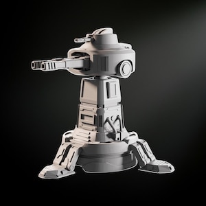 May include: A gray, futuristic-looking turret with a large cannon and multiple mechanical details. The turret has a circular base with angled supports and a cylindrical body. The design suggests a science fiction or military theme.