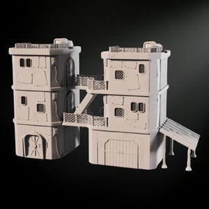 May include: A light gray, multi-level building model with a textured surface. The model features multiple square windows with grates, balconies, and a ramp. The design suggests a futuristic or industrial theme, suitable for tabletop gaming or architectural display.