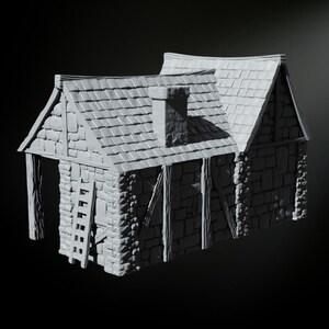 May include: A gray stone cottage with a gabled roof, a chimney, and a ladder on the side. The cottage has a rustic, weathered look.