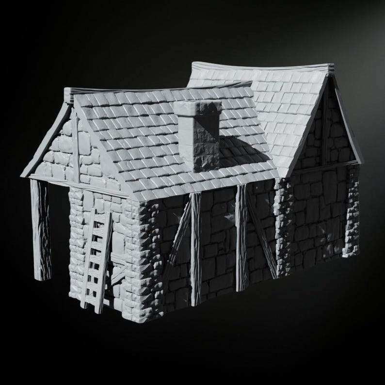 May include: A gray stone cottage with a gabled roof, a chimney, and a ladder on the side. The cottage has a rustic, weathered look.