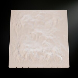 May include: A square, off-white canvas with a textured surface, possibly depicting a landscape or abstract design. The canvas is stretched over a wooden frame, visible along the bottom edge. The background is black.