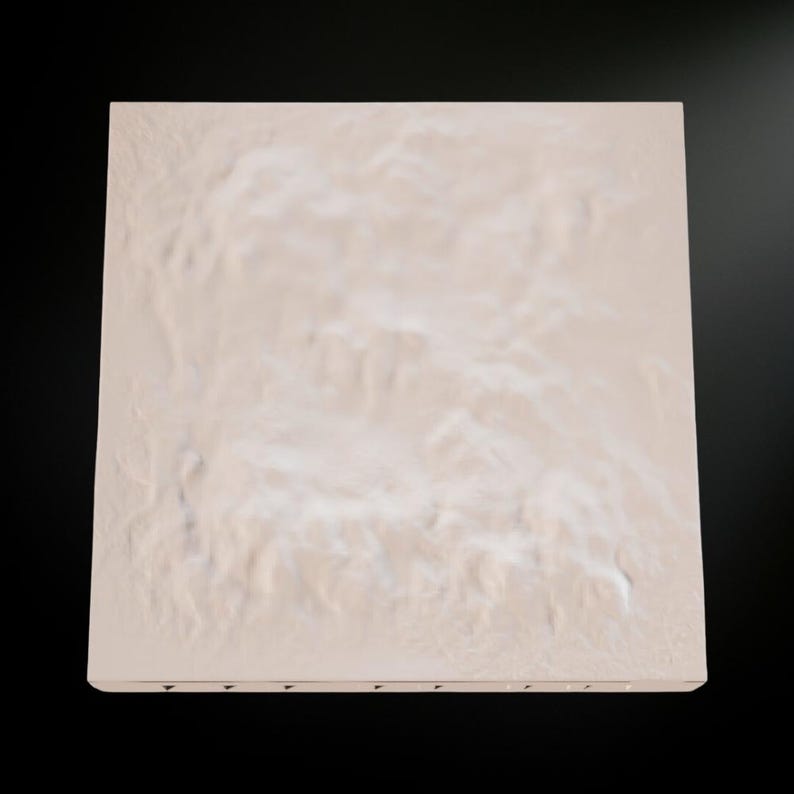 May include: A square, off-white canvas with a textured surface, possibly depicting a landscape or abstract design. The canvas is stretched over a wooden frame, visible along the bottom edge. The background is black.