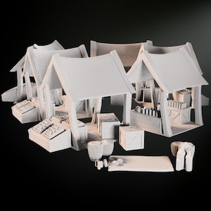 Medieval Market Pack STL File – 3D Printable Market Stalls, Wargaming Terrain, Fantasy Scenery, 28mm Tabletop Building
