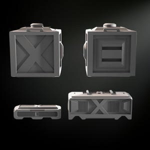 Puede incluir: Tres cajas grises con diferentes diseños. La primera caja tiene un diseño en X en la parte delantera, la segunda caja tiene dos líneas paralelas en la parte delantera y la tercera caja tiene un diseño en X en la parte superior.