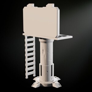 May include: A white, blank billboard sign mounted on a tall, cylindrical pole with a ladder attached to the side. The pole has a textured surface and a base with four legs.