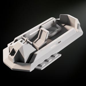 Peut inclure: Modèle de bateau gris clair avec un volant, deux sièges et une banquette. Le bateau a une forme rectangulaire avec un fond plat et un avant surélevé. Le bateau est conçu avec une esthétique moderne.