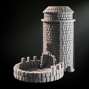 Puede incluir: Una detallada torre de castillo en miniatura gris con un cuerpo cilíndrico, un techo abovedado y una base circular. La torre está construida con pequeños bloques cuadrados, lo que le da una apariencia texturizada. El diseño incluye una puerta arqueada y un pequeño patio cerrado.