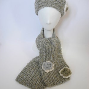 Wool Blend Scarf and Headband with Knit Flowers