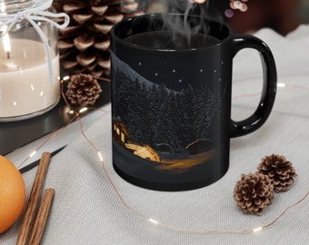 Cabin in the Woods 11oz 15oz Mug, Snowy Field Coffee Mug, Starry Night Mug, Scenic Mug, Comforting Aesthetic Decor