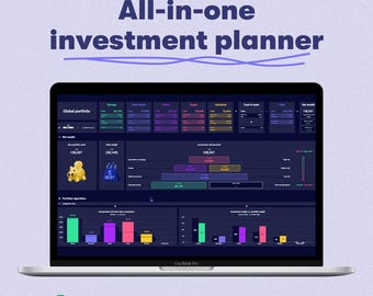 Puede incluir: Una pantalla de computadora portátil que muestra una hoja de cálculo de Google Sheets con un fondo oscuro y gráficos y diagramas coloridos. La hoja de cálculo se titula "Global Portfolio" e incluye datos sobre ahorros, bienes raíces, acciones, criptomonedas, valoraciones, efectivo en el banco y patrimonio neto. El texto "Planificador de inversiones todo en uno" se muestra encima de la hoja de cálculo. El texto "Google Sheets | Fácil de usar | Descarga instantánea" se muestra debajo de la computadora portátil.