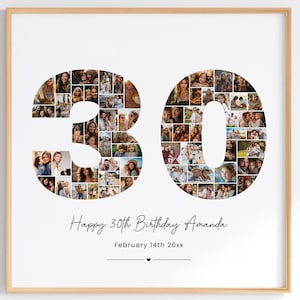 30th Birthday Photo Collage, Personalized 30th Birthday Gift, Custom Number 30 Collage Editable Photo Collage Birthday Poster Canva Template