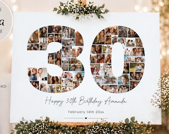 30th Birthday Photo Collage, 30th Birthday Gift for Her Him Number 30 Printable, 30th Photo Collage Template, Editable 30th Birthday, Canva