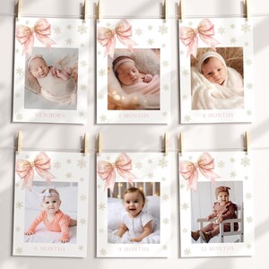 Modèle de bannière photo pour premier anniversaire de l'hiver Onederland, décorations d'anniversaire avec noeud rose, cartes modifiables d'étape mensuelle 1ère année pour fille N050