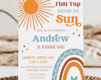 First Trip Around the Sun Birthday Invitation: Rainbow Canva Template