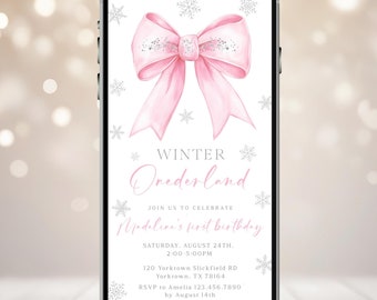 Winter Onederland Birthday Invitation: Pink Bow, First Birthday Girl (Electronic)