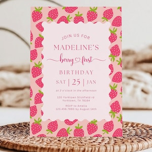 Strawberry First Birthday Invitation: Editable Canva Template