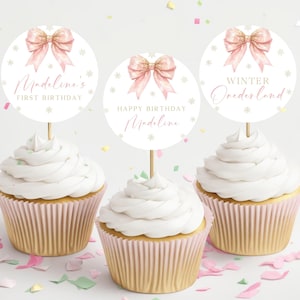 Winter Onederland Cupcake Toppers: Pink Bow Birthday (Digital Download)