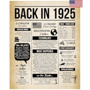 Affiche de retour en 1925, anecdotes amusantes de 1925, il y a 100 ans, signe vintage de 1925, souvenir du 100e anniversaire et décoration de fête imprimable en téléchargement numérique