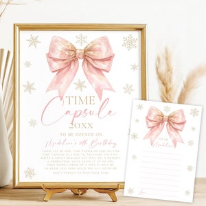 Capsule temporelle hiver Onederland, modèle de capsule temporelle modifiable 1er anniversaire noeud rose, décorations d'anniversaire de fille, carte capsule temporelle N050