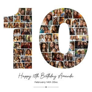 Fotocollage zum 10. Geburtstag, Geschenk zum 10. Geburtstag, Geburtstagszahl 10 zum ausdrucken, Fotocollage zum 10. Geburtstag, bearbeitbares Poster zum 10. Geburtstag