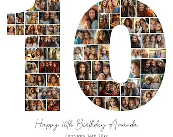 Fotocollage zum 10. Geburtstag, Geschenk zum 10. Geburtstag, Geburtstagszahl 10 zum ausdrucken, Fotocollage zum 10. Geburtstag, bearbeitbares Poster zum 10. Geburtstag