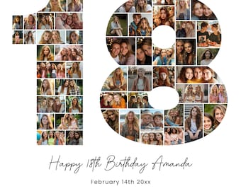 18. Geburtstag Fotocollage, 18. Geburtstagsgeschenk Junge, Geburtstagszahl 18 Printable, 18. Geburtstagsgeschenk für Mädchen, bearbeitbare Canva Vorlage