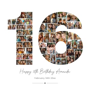 16th Birthday Photo Collage, 16th Birthday Gift, Birthday Number 16 Printable, 16th Photo Collage Template, Editable 16th Birthday Poster