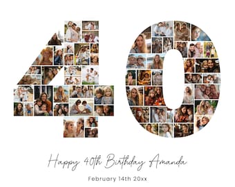 40th Birthday Photo Collage Template, Personalized 40th Birthday Gift for Her or Him, Number 40 Collage, Family Gift, Birthday Gift, Canva