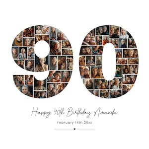 90th Birthday Photo Collage Template, Personalized Gift for Grandma, Grandpa or Husband, 90 Number Collage Birthday Gift for Her or Him