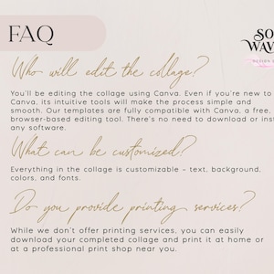 May include: FAQ about editing and customising a collage using Canva. The text says "Who will edit the collage?" "What can be customised?" and "Do you provide printing services?"