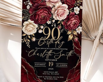 90th Birthday Invitation Template, Burgundy Floral Gold, Editable Canva Invite (Digital Download)