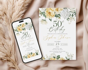50th Birthday Invitation Template, Yellow Floral Elegant Party Invite (Digital Download)