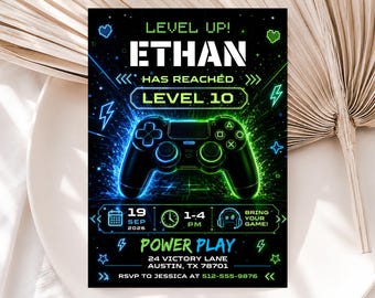 Video Game Birthday Invitation Canva Template, Editable Gaming Birthday Invite, Gamer Party Level Up Boy Birthday Invite, Instant Download