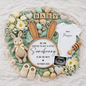 May include: A baby announcement featuring a knitted bunny, baby shoes, and a onesie. The announcement includes a sign that says "Somebunny is on the way!" and "October 2026". Decorative elements include eggs, flowers, and a sonogram.