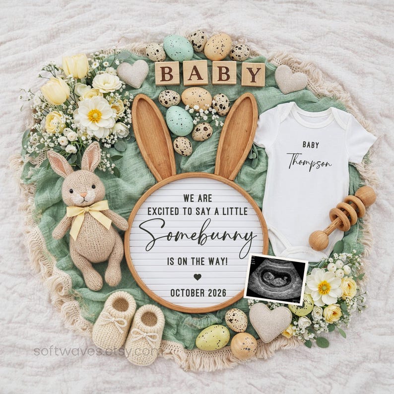 May include: A baby announcement featuring a knitted bunny, baby shoes, and a onesie. The announcement includes a sign that says "Somebunny is on the way!" and "October 2026". Decorative elements include eggs, flowers, and a sonogram.