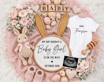 Easter Pregnancy Announcement Girl: Editable Baby Girl Announcement Social Media Canva Template (Digital)
