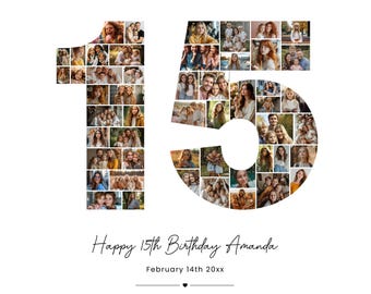 Plantilla de póster de collage de fotos para el 15.º cumpleaños, regalo para el 15.º aniversario