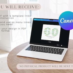 May include: A laptop computer screen displaying a Canva design template for a 60th birthday. The template features a green and white design with the text "Happy 60th Birthday Grandma".