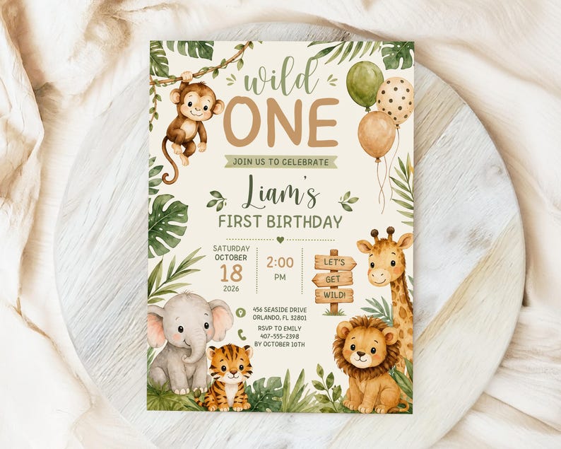 Convite de Aniversário "Wild One" no Canva, Modelo Editável para Festa de Aniversário com Tema Safari, Convite para o Primeiro Aniversário de Menino com Animais da Selva, Download Imediato imagem 1