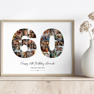 May include: A white framed photo collage celebrating a 60th birthday. The number 60 is made up of photos of people. The text below reads "Happy 60th Birthday Amanda, February 14th 20xx".